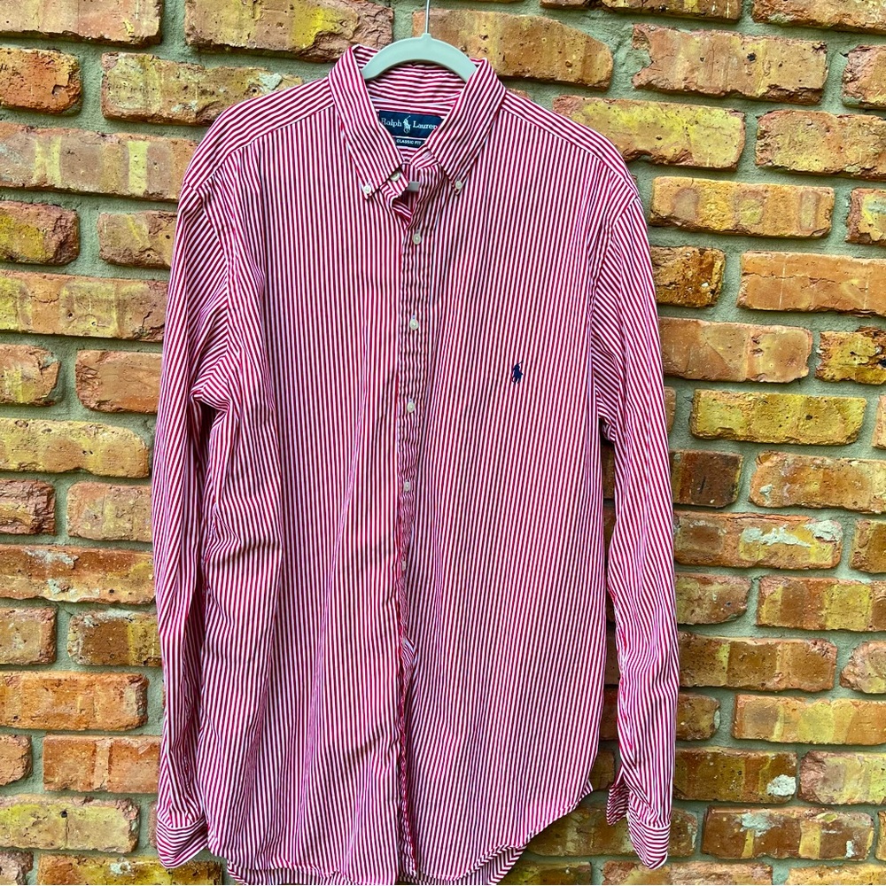 RALPH LAUREN CLASSIC FIT XL TALL RED WHITE STRIPE BUTTON DOWN LONG SLEEVE SHIRT